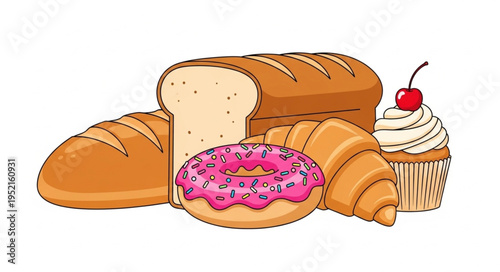 Assorted Baked Goods Including Bread Croissant Donut and Cupcake.