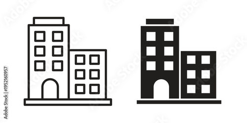 Commercial building icon in black and white. clipart and line style icons