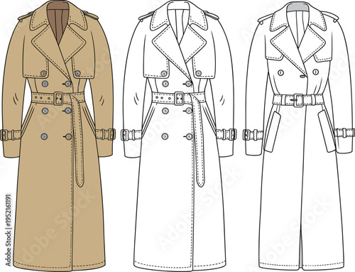 Trench coat front and back technical fashion flat vector illustration