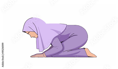 Muslim woman praying Salat sujud pose vector illustration