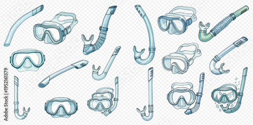Set of diving masks and snorkels for underwater exploration and swimming in cartoon style.