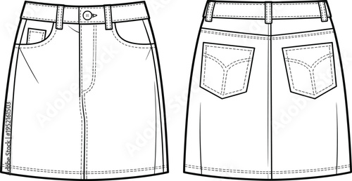 Denim skirt front and back technical fashion flat vector illustration