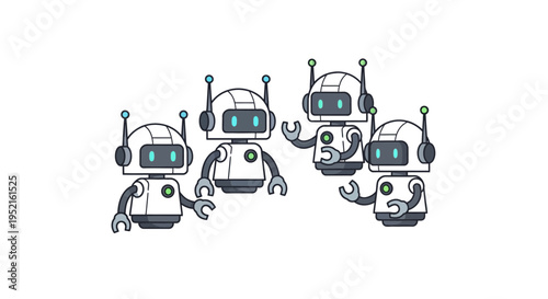 Four friendly robots interacting and communicating in a playful and engaging manner