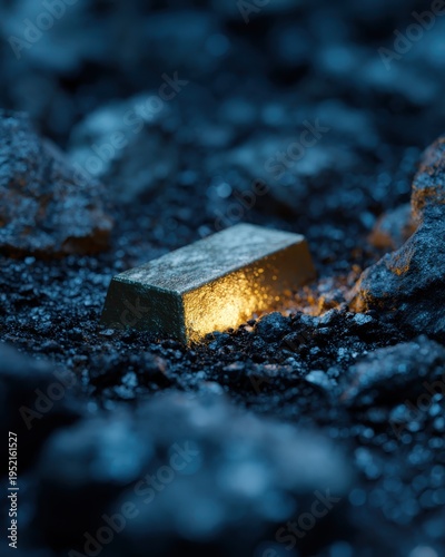 Gold bar nugget glowing in dark rocky mine, precious metal wealth and investment concept macro