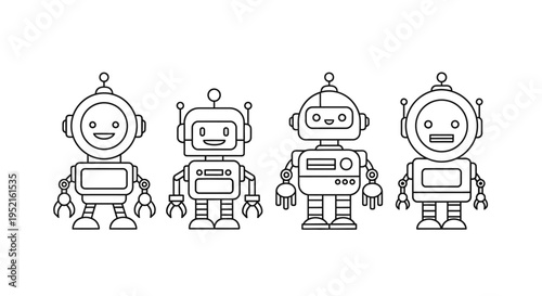A collection of cartoon robot characters in a line illustration style, representing artificial intelligence and technology