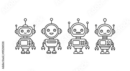 A collection of four simple, modern line art illustrations of cute cartoon robots with antennas and expressive faces, set against a white background