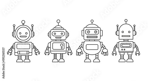 A graphic illustration of four distinct robot characters, each with a unique facial expression and design, showcasing retro and modern styles in a line-up