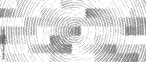 Abstract radial pixelated halftone pattern. Circular pixel explosion background. Rotating scattered dot dashed texture overlay bg. Vector radial spinning backdrop. Fading rectangle fragment wallpaper