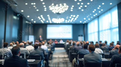 Investor conference room with multiple startups pitching idea on blurred background