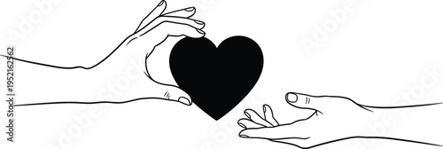 Minimalist silhouette of two hands giving and receiving heart symbol representing love, compassion, care, support, kindness, unity, affection, emotional bond