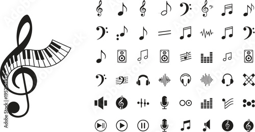 Music notes and piano keyboard icons with treble clef