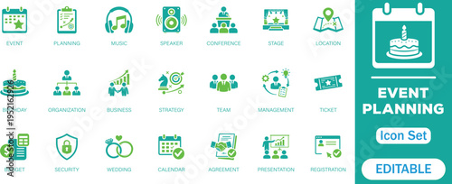 Event Planning Editable solid Icon Set. Symbol by  conference, invitation, planning, team, strategy, event timeline, venue, meeting,  engagement and more perfect vector icons collection.