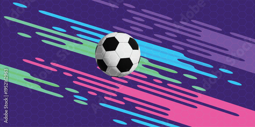 Neon soccer background with dynamic lines and football ball, futuristic sport abstract background for football poster, banner, and digital sport desig