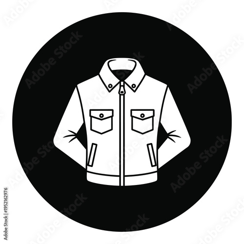 Illustration of a white zip up jacket with pockets and collar icon