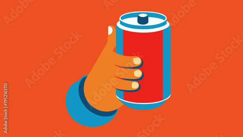 An orange hand with a blue sleeve holds a red and blue soda can with a dark top opening against a solid vibrant orange background.