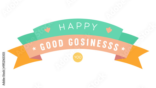 Multi layered arched ribbon banner in mint green peach and orange colors displaying white text with heart and star accents on white background.