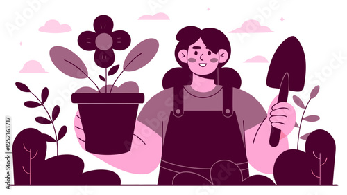 A young girl with dark hair wearing an apron holds a potted flower and a garden trowel against a background of pink clouds and stylized bushes.