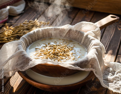 Making Homemade Oat Milk with Fresh Grains and Steaming Liquid in a Rustic Kitchen