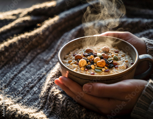 Close-up of hands holding a steaming bowl of oatmeal with nuts and seeds on a cozy knitted background