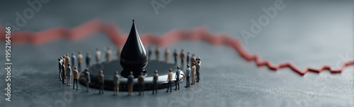 Oil Drop Surrounded by People: A visual metaphor where miniature figures encircle a sleek, glossy oil drop. The composition hints at issues related to energy, economics.