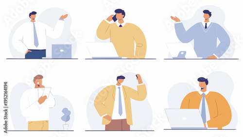 A collection of six panels featuring a businessman in semi-formal and formal clothing performing various office tasks like speaking on a phone and working on a laptop.