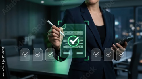 Businesswoman signing digital document with stylus in modern office for corporate compliance and esignature technology solutions