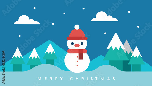 Snowman character wearing a red hat and scarf positioned in a landscape of cyan trees and dark blue mountains with a starry snow sky.