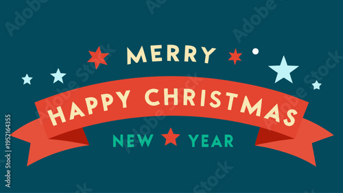 Arched red ribbon with white happy christmas text and colorful stars set against a solid dark teal background in a festive vector banner.