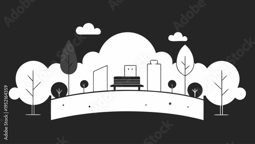 White silhouette of a public park with a bench and surrounding trees on a curved hill against a solid black background in vector style.