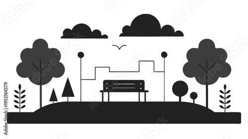 Black silhouette of a park landscape with a bench lampposts and varied tree shapes on a curved mound against a plain white background surface.