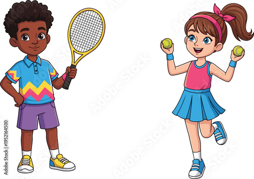 Cute kids playing tennis illustration, cartoon boy with racket and girl holding balls, isolated characters for sport activity, childhood, fitness, and recreation design projects