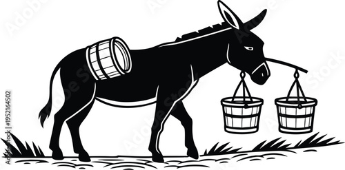 A black and white silhouette illustration of a hardworking donkey carrying buckets of water