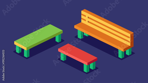 Three colorful isometric benches in orange green and red colors are positioned against a dark blue background with small green legs visible.