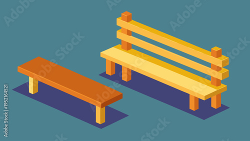 Two isometric wooden benches including a yellow one with a backrest are positioned on a solid blue-gray background with long purple shadows.
