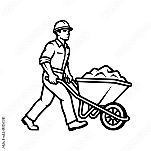 Construction Worker Pushing Wheelbarrow Line Art Illustration, Laborer Transporting Materials Minimal Vector Icon