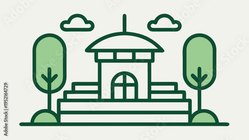Vector line drawing of a park observation tower with a large window and rounded roof surrounded by stylized trees and clouds.