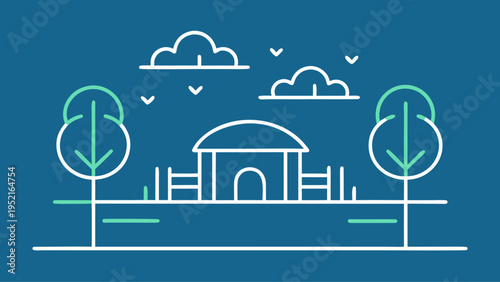 Detailed line art illustration of a small park building with a curved roof surrounded by trees and flying birds against a dark blue sky.