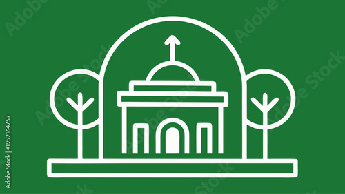White line drawing of a domed monument building centered within a large archway and flanked by two stylized trees on a green background.