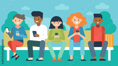 Five diverse individuals including a woman with orange hair sit on a white bench while holding and viewing small black mobile smartphones.