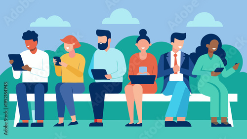 Six individuals including a man in a suit sit together on a long white bench while interacting with various mobile tablets and laptop computers.