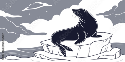 Monochromatic Vector Illustration of a Dark Gray Seal Resting on a White Iceberg in a Cold Arctic Landscape with Clouds and Stars