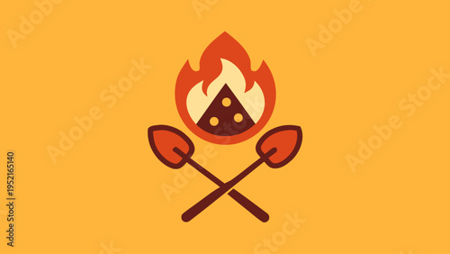 A mustard yellow background features a central pizza logo with a brown triangular slice inside an orange flame above crossed heart-shaped shovels.