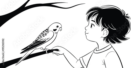 A black and white line art illustration of a young boy looking at a small pet bird on a tree branch