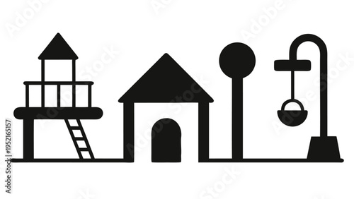 Black silhouette icons of a playground set featuring a slide tower and a playhouse arranged in a horizontal line on a white background.