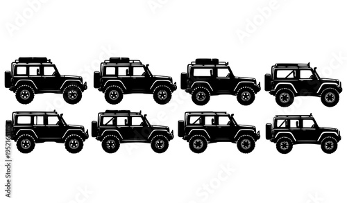 Off road jeep silhouette vector set with adventure vehicles and large wheels side profile design