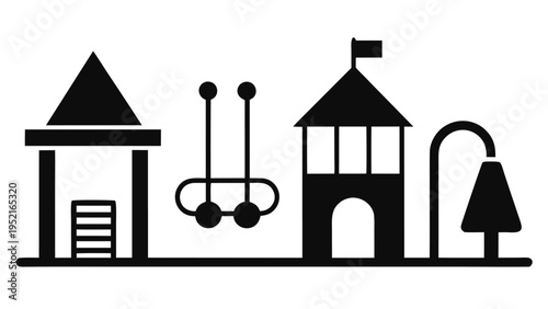 A horizontal black silhouette illustrates a collection of playground structures like a playhouse and gymnastic rings on a baseline against white.