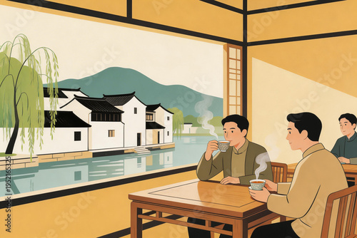 Men Enjoying Tea in Traditional Chinese Tea House