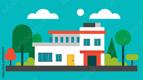 A modern white residential house with red architectural details and a yellow door sits among several stylized trees under a teal sky with clouds.