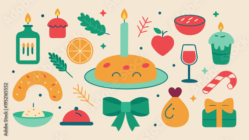 A festive collection of flat vector doodles featuring a teal bottle with candles and a candy cane over a cream background with circular accents.