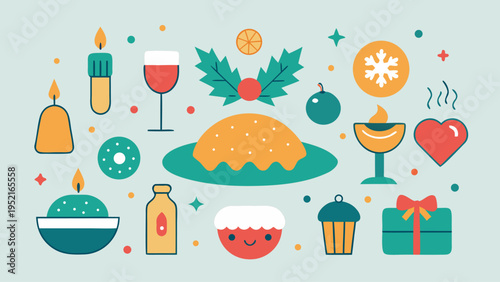 A flat vector illustration showing various Christmas dinner icons such as a red wine glass and a smiling bowl placed on a light blue background.